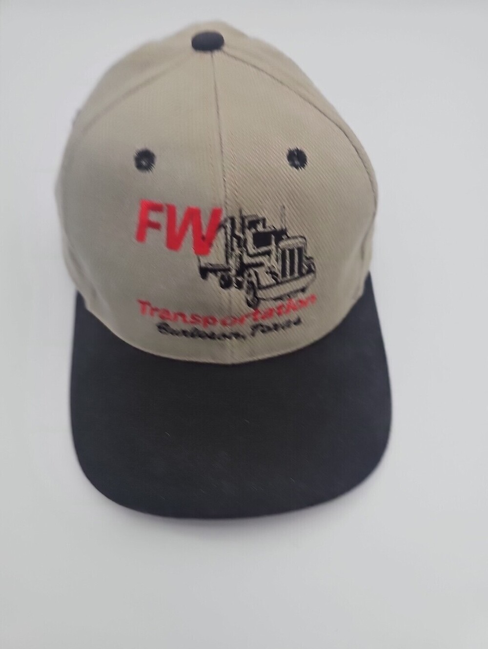 Vintage tan/black snapback featuring FW Transportation of Burleson, TX. Great